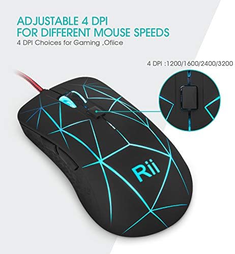 RII RM106 RGB Mouse Gaming Wired, ratos de computador óptico USB com 6 botões programáveis, 3200 dpi Ajustável, 7 lit de cores