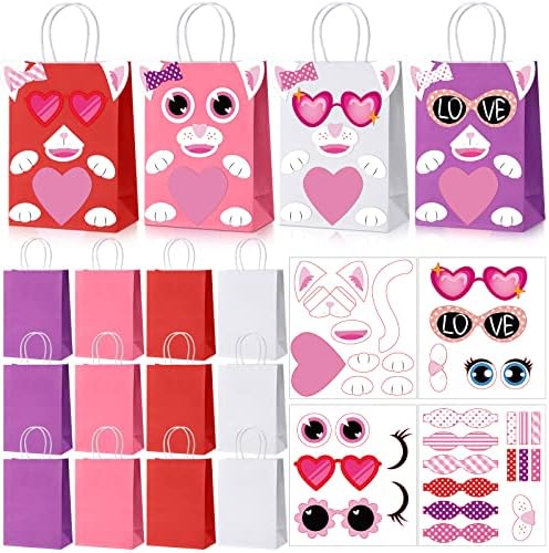 12 PCs Valentine Treat Sachs for Kids, Cat Diy Valentine Candy Treat Bags Kraft Paper Gift Sacos Valentine Goodie