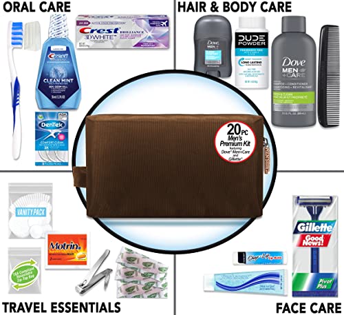 Kits de conveniência kit de 20 peças de 20 peças de homens com tamanho de viagem itens itens itens compatíveis com TSA, apresentando: Dove Men & Care Products in Brown Dopp Bag