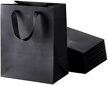 Sacos de presente pretos médios, 12pcs 8 x5 x10 sacolas de compras pretas com alças a granel, sacos de embrulho de varejo de mercadorias para negócios, supermercado artesanal, boutique, favor da festa, casamento