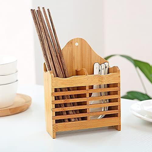 Suporte de utensílio de bambu marrom, 2 compartimento, organizador de várias seções para canudos de mesa de jantar