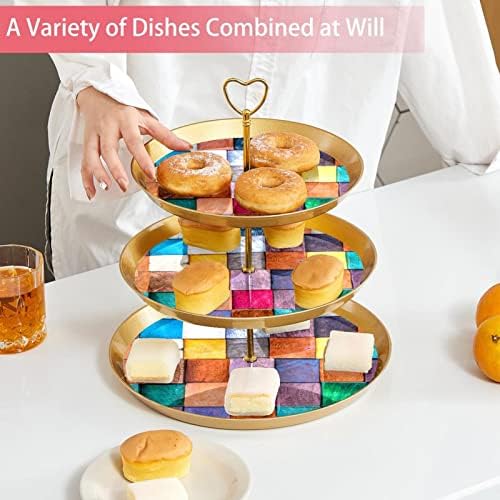 3 Placa de fruta de cupcakes de 3 camadas de sobremesa Plástico para servir suporte de exibição para casamento de aniversário Decorações de chá de chá de chá de bebê redondo, padrão de madeira colorida