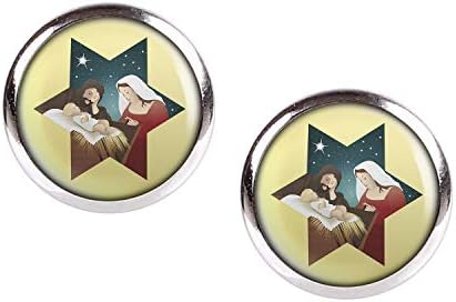 Par de brinco com Cabochon Picture Mary Joseph Jesus Silver Tamanhos Diferentes