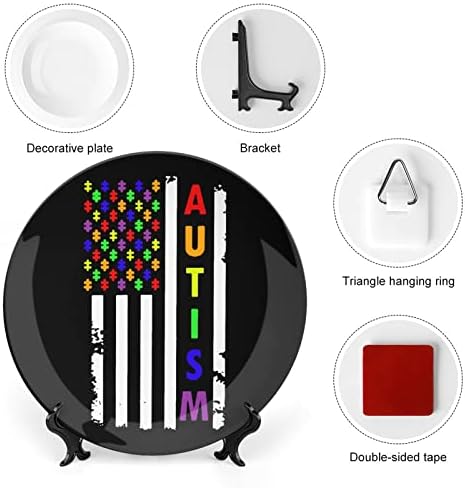 Consciência do autismo bandeira americana óssea chinina de placas decorativas de placas redondas Craft Craft With Display Stand for
