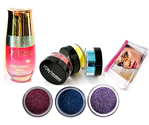 Pacote 5 itens: Itay Liquid Sparkle Bond +3 Sombras de olhos brilham com cores violeta, azul profundo, rosa roxo + bolsa de avião