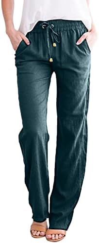 ETHKIA Mulheres calças de linho largo com cintura elástica de pernas largas calças de linho leves calças com bolsos femininos