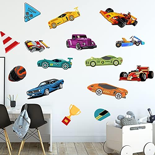Wallpark Boys Racing Car Decalques de parede de parede vintage Racing Racing Track Wall Stickers, crianças infantis, quarto de
