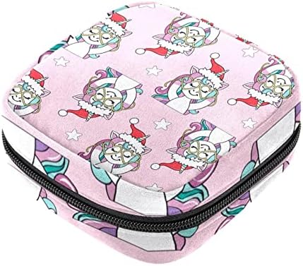 Bolsas sanitárias, rosa unicórnio com chapéu de Natal menstrual copo bolsa de enfermagem portador, sacos de kit de primeiro período para meninas adolescentes mulheres mulheres