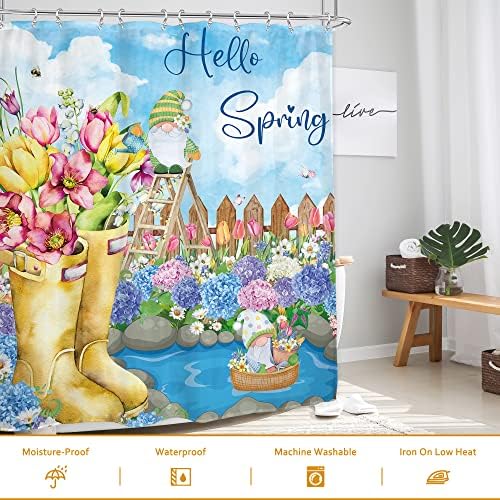 Glawry Hello Spring Chuser Curtain Gnomos Floral Tulip Blossoms Boots Hydrangea Daisy Kids Banheiro Fazenda sazonal Garden