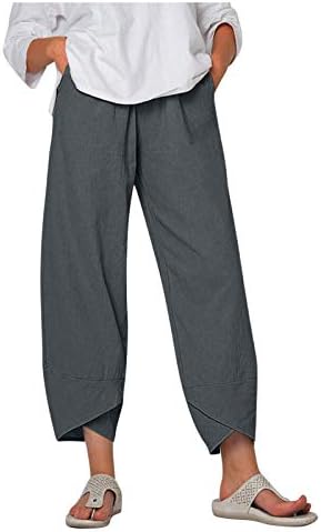 Etkia feminino capri leggings reta-perna com cintura elástica Capri linho calça de calça de linho com bolsos calças largas de perna