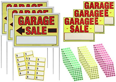 Sistemas Sunburst 3030 Kit de placas de venda de garagem inclui: 3) Sinais grandes, 3) 11 x 14 sinais, 1.200 adesivos de preço amarelo, rosa e verde e 20 cartões de preços grandes