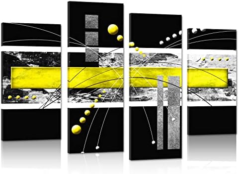 Arte de parede de lona amarela preta grande - 4 painéis de imagens abstratas modernas Conjunto para decoração para