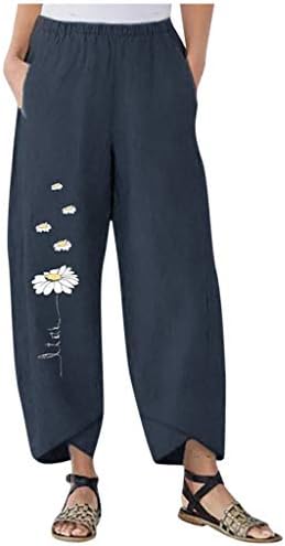 Calça de linho de algodão Capri Pants Womens Summer Casual Capri Pants com bolsos Alta cintura calça de praia Floral Harem
