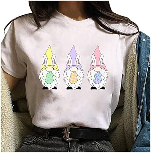 Gnomos fofos ovos impressos Camisetas de páscoa para mulheres Camiseta gráfica engraçada T-shirt O-G-GELE CURTO TOPS