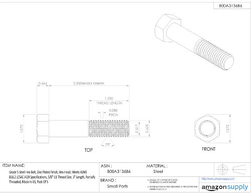 Bolt hexadecimal de aço, grau 5, acabamento banhado a zinco, cabeça hexadecimal, unidade hexadecimal externa, encontra ASME