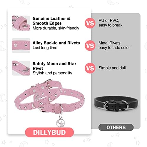 Dillybud Leather Dog Collar para cachorros pequenos cães médios, estrela ajustável e colarinhos cravejados da lua com fivela de metal à prova de ferrugem e encantos, colarinhos de cachorro Xs para meninos e meninas, tamanho 11-14 rosa