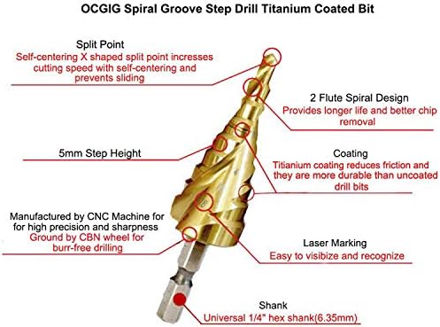 OCGIG 3PCS Etapa espiral Cone Drill HSS Titanium Woodworking Metal Drilling Bit Cutter 4-12/20/32mm