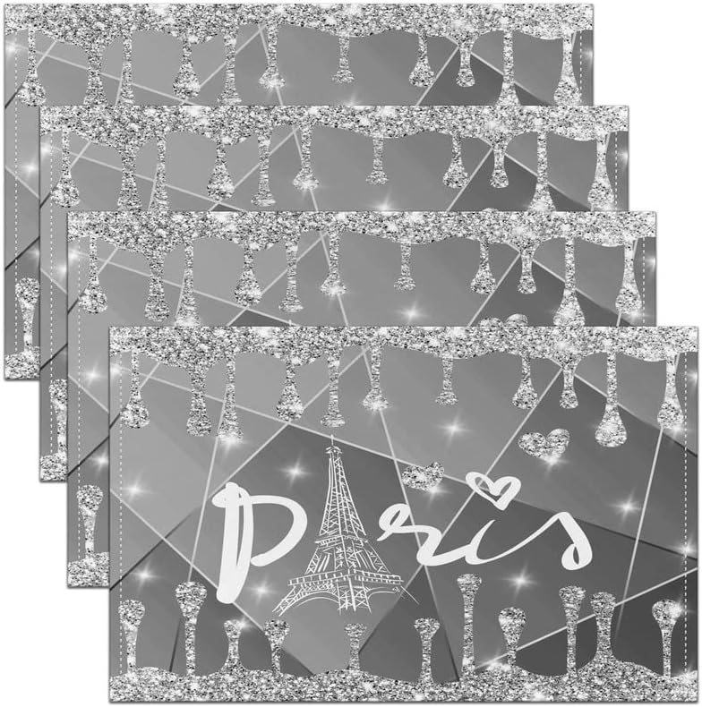 Jejeloiu Silver Glitter Placemats Conjunto de 4, Bling Party Decorations Placemats 18x12 polegadas, Diamond Black Washable e Placemats