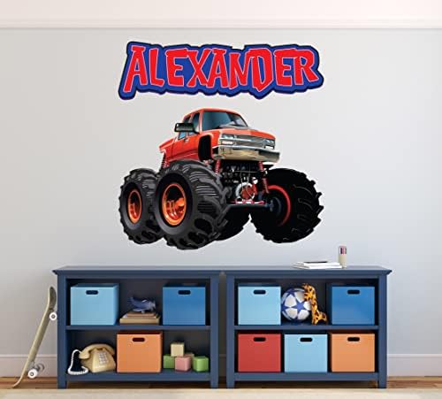 Decalque de parede de caminhão monstro personalizado - Arte da parede do caminhão monstro - Nome personalizado Decalques de parede para meninos Decoração de parede do quarto - caminhões decoração de parede do quarto das crianças