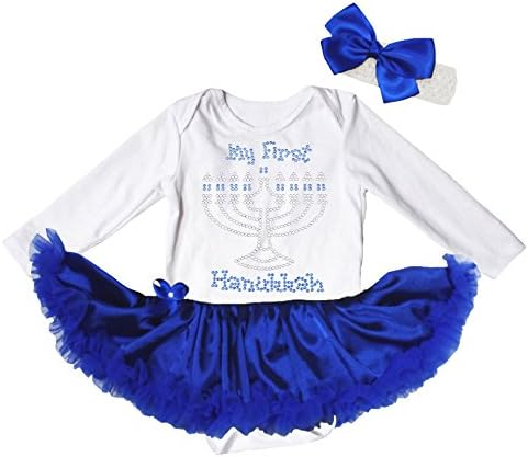 Petitebella meu 1º Hanukkah White L/S Bodysuit Royal Blue Tutu Baby Dress NB-18M