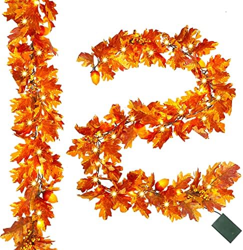 Juegoal iluminou folhas de bordo de guirlanda, 6,5 pés pré-iluminada Garland de folhagem de outono de outono, decorações de Ação de