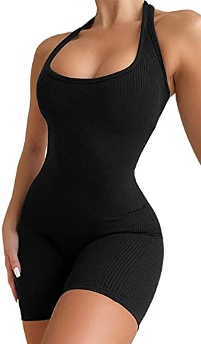 Macacão sem costas sexy vnvne para mulheres verão, tanque mangas tanque bodycon macacão curto, traje curto com nervuras