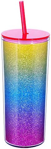 Tune em casa Tumbler de arco -íris com palha, fluxo de areia Glitter Double Wall Acrylic Cup Tumbler, 21 oz / 640ml
