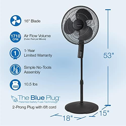 Lasko S16612 Oscilando 16 ″ Fan Stand Pedestal Stand com timer, termostato e remoto para interno, quarto, sala de estar, escritório em casa e uso de dormitórios, 16 polegadas, preto 16612