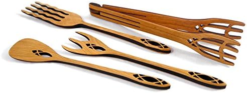American criou utensílios de madeira de cerejeira selvagem de 4 peças, coleção da Catedral: servidores de salada, pinças, garfo de macarrão
