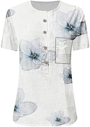 Camisas para baixo para mulheres, linho de linho de algodão casual feminino, camiseta impressa em blusa de manga curta