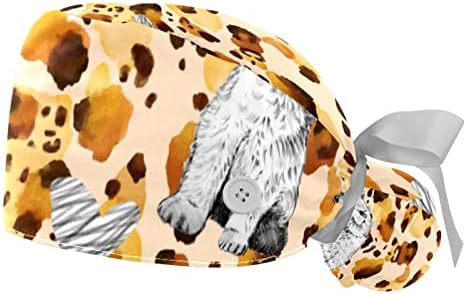 Caps médicos para mulheres com botões cabelos longos, tampa de trabalho ajustável de 2 peças, padrão de gato com estampa de leopardo tigre