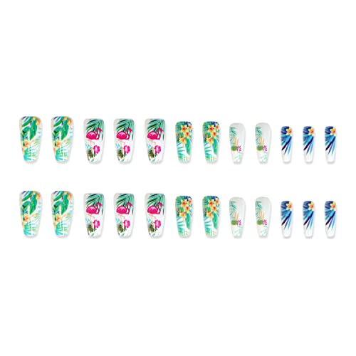 Pressione Tropical em unhas, 24 PCs Long Coffin unhas falsas, designs de folhas de flores Cola da primavera no verão em unhas, pregos falsos de capa, havaiano requintado estático falso unhas para mulheres