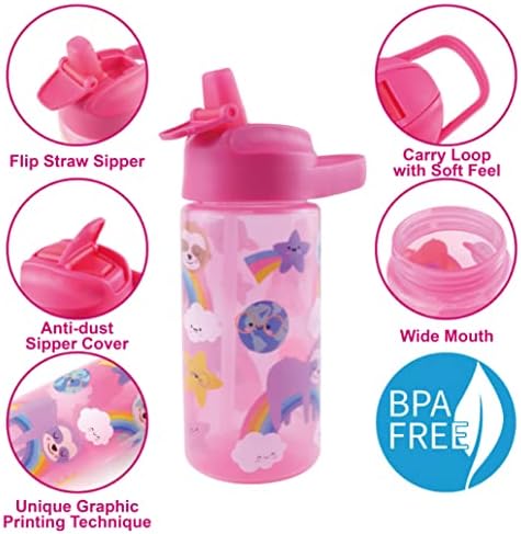 Koohot 15oz Kids Water Bottle - BPA Free, tampa de palha de flip -flip, loop de transporte, tampa de chug, boca larga, leve, prova de