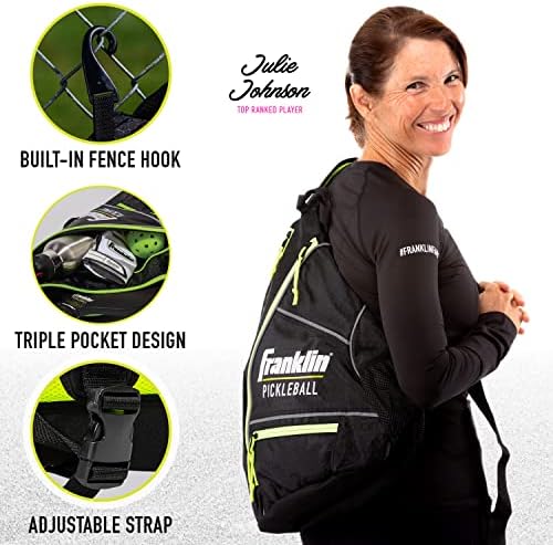 Franklin Sports Pickleball Bag - Backpack de pickleball masculino e feminino - bolsa de funda ajustável - Bolsa oficial de campeonato de pickleball aberto dos EUA - Black/Optic, preto/verde
