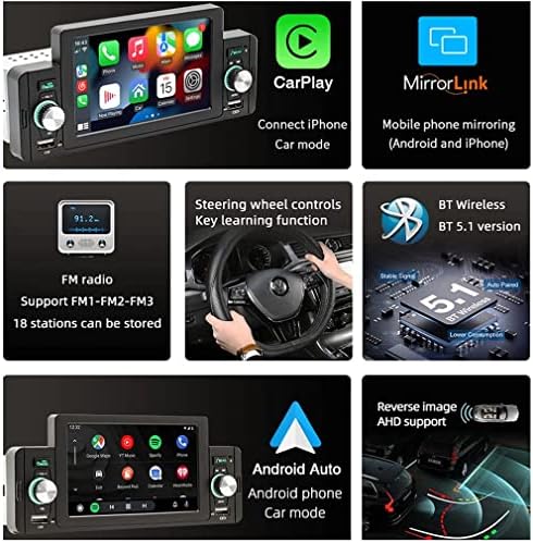 XRC Tech 5 polegadas Tela de toque de 5 polegadas Din apartão do carro, CarPlay/Android Auto/Mirror-link, receptor de rádio com Bluetooth 5.1, Handsfree, 12 LED HD Câmera retrovisora, FM USB Audio Video Player, controle remoto