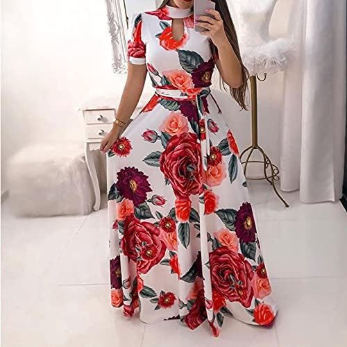 Vestido maxi de manga curta feminino vestidos de estampa floral redonda de verão Casual Pleedy Flowy Long Dress