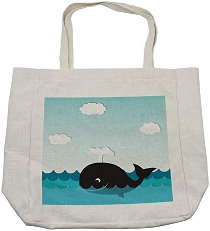 Bolsa de compras de baleias de Ambesonne, sorrindo feliz baleia preta nadando na ondulada obra de arte dos desenhos animados do