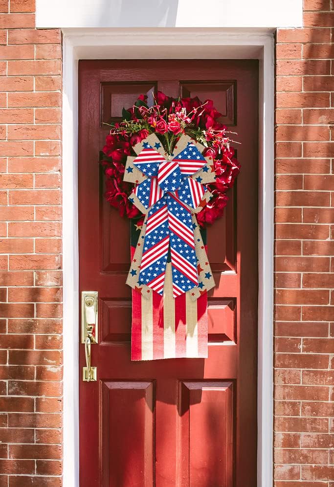 Alibbon grandes arcos patrióticos para grinalda, 4 de julho Sexos de coroa de grinaldas, Glitter Stars Stripes Greath Bows para