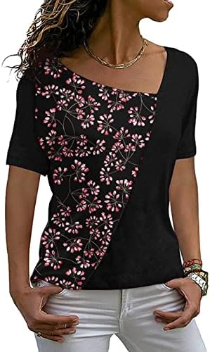 Camisa superior para mulheres outono verão 2023 manga curta vil de algodão de pescoço de pescoço impressão de flor de flor