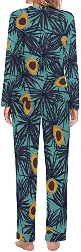 Pijama feminina de abacate e folhas definidas de duas peças de manga longa e calça de pasta