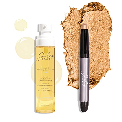 Julep Makeup Remover Perfeição Conjunto: sombra 101 Creme para pó de sombra de brilho dourado quente Becada de sombra e óleo de limpeza