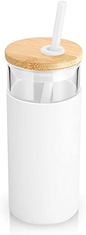 Tronco 20 oz de vidro de vidro de vidro garrafa de palha de palha de silicone Bambu tampa de bambu - BPA Free - White