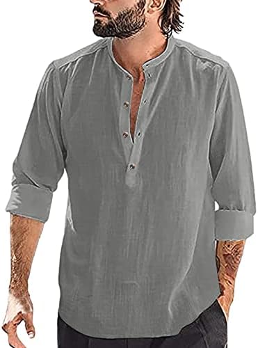 Wocachi masculino Henley Camisas de linho de algodão Botão de manga longa V Band de pescoço colarinho Tops de férias soltas camiseta hippie