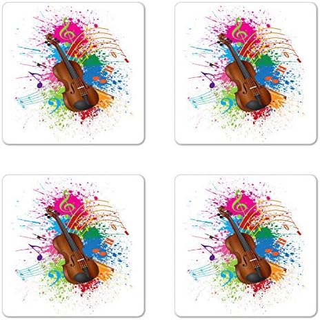 Conjunto de montanha -russa de Ambesonne de 4, colorido Splashes de violino Chef Notas musicais Ilustração Digital Impressão, montanhas -russas quadradas de quadro hardboard, tamanho padrão, branco e multicolor