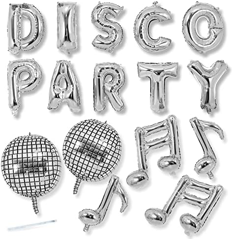 Balões de festa disco - pacote de 16 balões groovy - duráveis ​​e reutilizáveis ​​- esferas de papel alumínio, letras e notas - balão de prata para decorações de festas - para todas as celebrações - fácil de inflar