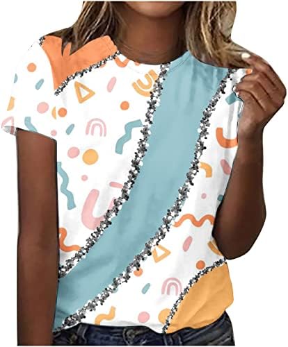 T-shirt de bloco de cores de verão para mulheres, colorido leopardo em mármore tachinha de retalhos de corda