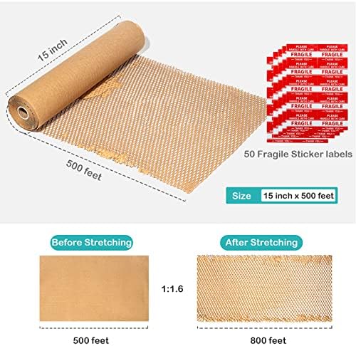 McFleet 15 x500 'Honeycomb de embalagem embalagem de papel, material de embalagem ecológica para mover um embrulho de presente com 50 adesivos frágeis, fornecedores protetores de almofada reciclada Kraft Brown