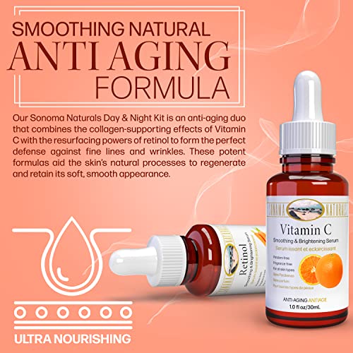 Sonoma naturais vitamina C e soro de retinol para face, 1 oz. dois pacote | Kit Day & Night | ALMANDO FORMULA ANTII-INDAGEM NATURAL
