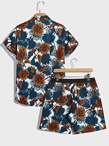 OyoAnge Men's 2 peças impressão tropical Manga curta Button Down Top e Shorts de cintura de cordão