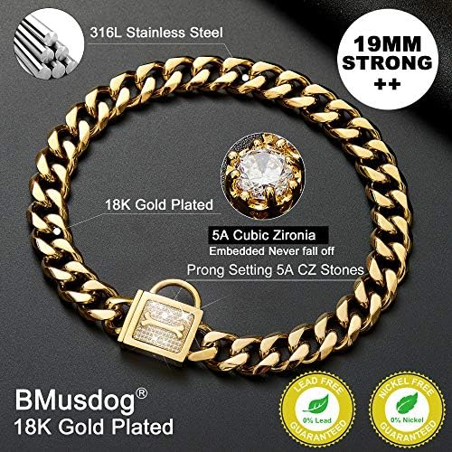 BMUSDOG Gold Chain Dog Collar com bling bling cz dinonds 19mm de serviço pesado grossa 18k Cadeia de ligação cubana dourada
